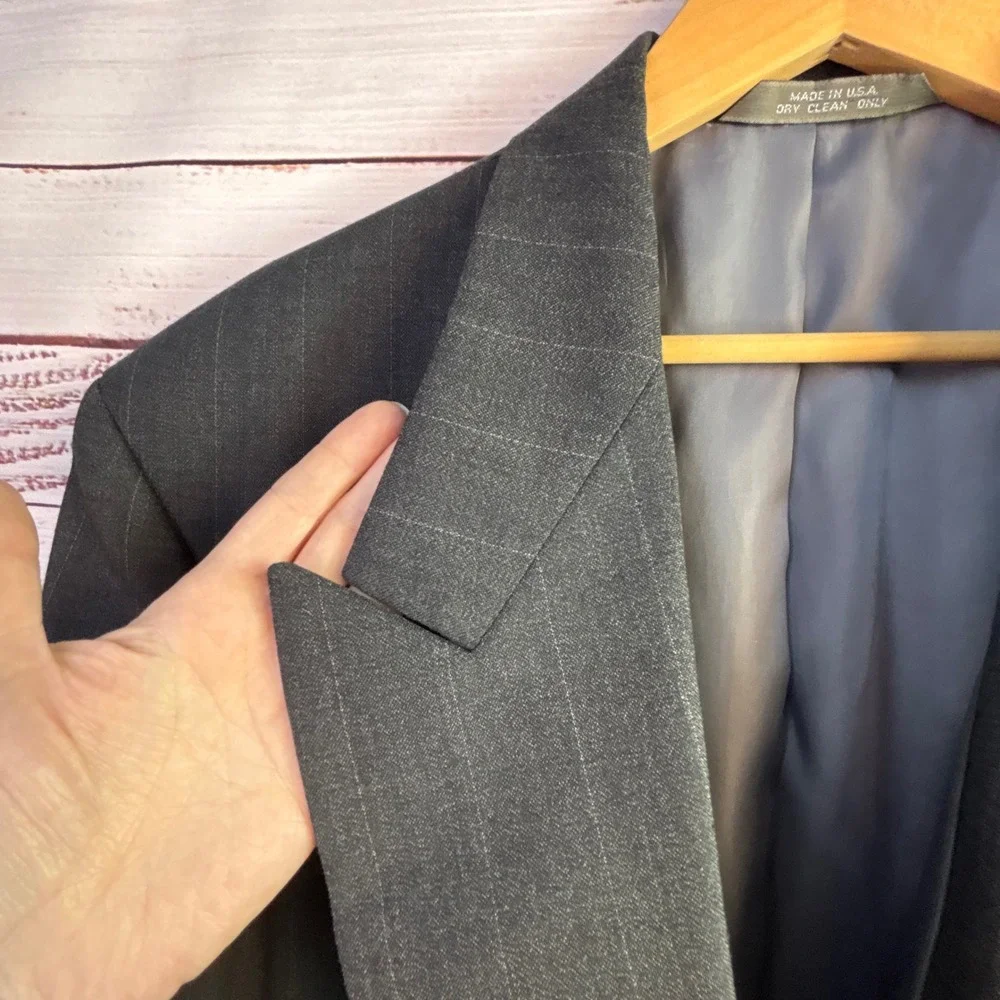 Vintage Double Breasted Blazer 48L Wide Lapel Peak Gray Pinstripe Tailored Mob